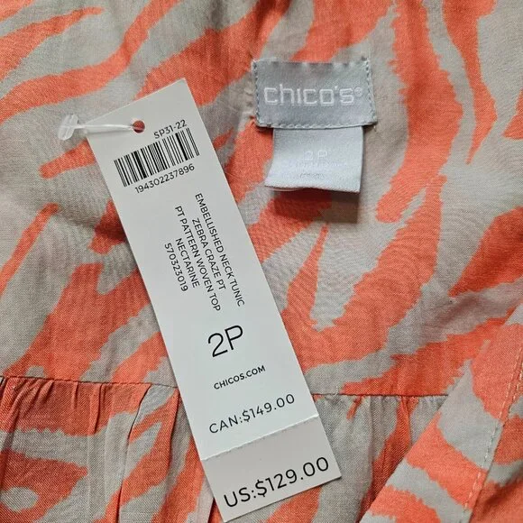 Chico's Embellished Neck Tunic Women's SZ 2P 12/14 Large Zebra Nectarine Blouse - Picture 5 of 14